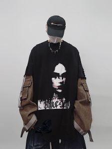 UUCSCC Vintage American High Street Hoodie Mens Loose Fit Crew Neck Sweatshirt with Print And Ripped Design for Youth