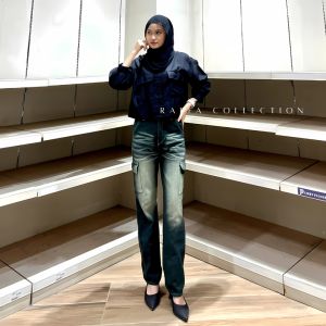 Celana Wanita Jeans Wisker Cargo Highwaist