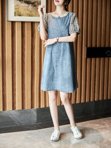 ชุดเดรสยีนส์ทรงหลวมสไตล์เกาหลีสำหรับผู้หญิงในฤดูร้อนปี 2023 ทรงเอ แขนสั้น กระโปรงทรงเอ ผ้าฝ้าย ทรงหลวม ลายสก็อต ชุดเดรสแฟชั่น