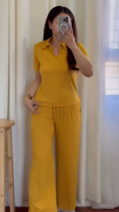 Knitted Blouse Collar Top and Pants Terno Sets for Women with 2 side Pocket Pocket fit up to XL