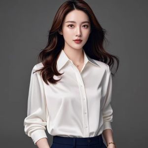 Elegant Acetate Satin Long Sleeve Black Shirt Womens Professional Commute Formal French Style OL Shirt Spring Autumn Fashion