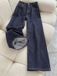 กางเกงยีนส์ทรงหลวมเอวสูงทรงตรงสีน้ำเงินเข้มสไตล์ย้อนยุคสำหรับผู้หญิง กางเกงขายาวทรงขากระบอก ทรงสลิมฟิต