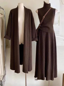 Elegant Lazy Gentle Long Knitted Sweater Coat Skirt Set Three Pieces Autumn Winter Whole Set Womens Loose Fit Commute Style