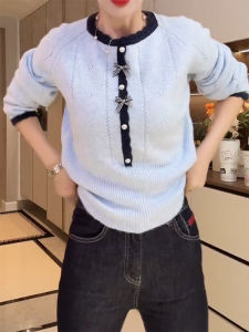 QINGNAER | Plus Size High-End Color Block Knitted Sweater Blue