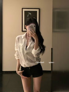He Chenxi Summer Silk Shirt Womens Slim Fit Long Sleeve Thin Outerwear with Symmetrical Pockets Waist-Cinching Design