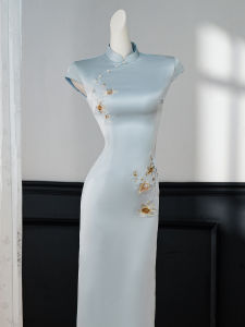 Blue Embroidery Pattern Cheongsam Dress