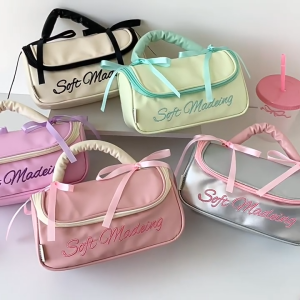 Mymyshop🎀พร้อมส่ง🎀𝗣𝘂𝗳𝗳𝘆 𝗯𝗮𝗴🐰💐 กระเป๋าเครื่องสำอาง โบว์ผูก น่ารักมาก พกสะดวก หูหิ้ว มีช่องซิปแยก ลายปัก