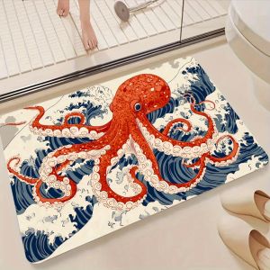 VIKAMA Octopus Wave Theme Doormat Chống Trơn Trượt Phong Cách Hiện Đại Thảm Trải Sàn Bằng Polyester Cho Phòng Tắm Phòng Khách Phòng Ngủ Trang Trí Nhà Cửa