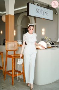 BT studio เสื้อลูกไม้แขนสั้นคอปก+เข็มกลัดโบว์เพชร+กางเกง+เข็มขัด  06-2896