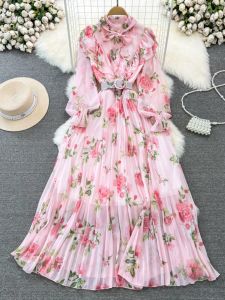 Elegant Long Sleeve A-Line Printed Chiffon Pleated Dress Waist-Cinching Stand Collar Bell Sleeve Windy Style Korean Commute