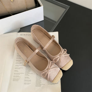 รองเท้าบัลเลต์ส้นเตี้ยผ้าไหมสีแดง หัวเหลี่ยม สายรัดรูปผีเสื้อ รองเท้าส้นแบนพิเศษสำหรับผู้หญิง รองเท้าแฟชั่นฤดูใบไม้ผลิ 2024