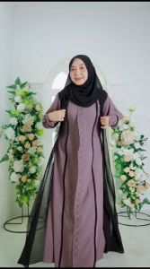 DRESS MARYAM SET PASHMINA GAMIS LEBARAN ANNUR LINEN YORA MIX CERUTY LAYER SWAROSKI