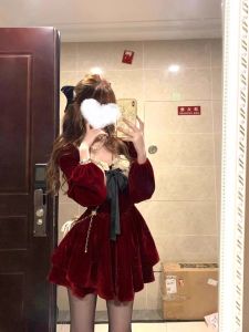 Red Velvet Princess Skirt Dress Womens Autumn Winter High Waist Short Dress Elegant Princess Style Belted Tea Break Dress