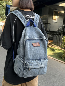 Retro American Denim Canvas Double Shoulder Bag Large Capacity Japanese Style Class Laptop Bag Lazy Style Casual Book Bag