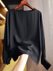 Blue Silk Satin Long Sleeve One Shoulder Chinese Style Womens Shirt Straight Cut Zipper Pure Color Lightweight Summer Fashion