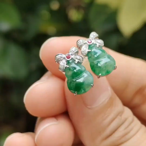 High Quality Light Green with Green Patches crafted as one pair of Gourd on Natural Type A Jadeite Jade as Stud Earrings Certificate weighs 2.38 grams (18k01)