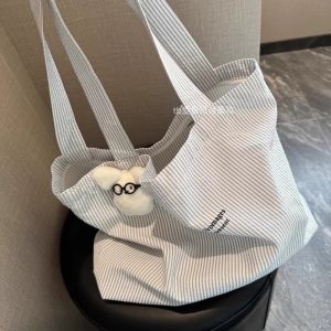 Large Capacity Canvas Tote Bag Womens Striped Simple Match Commuting Single Shoulder Bag Korean Style Lazy Fashion 2025 New