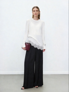 Flared Lace Round Neck Long Sleeve White T-Shirt