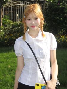 Sweet Retro White Shirt Short Sleeve Womens Slim Fit Doll Collar Waist Cinched School Style French Unique Spicy Girl Top