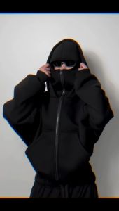 HOODIE ZIPPER BALACLAVA DOBLE KUPLUK HITAM POLOS CASUAL
