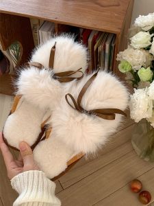 Thin Strip Fairy Style Bow Fluffy Shoes Womens Winter Korean Retro Household Thermal Cotton Slippers Confinement