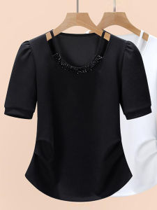Elegant Short Sleeve T-Shirt Womens Summer New Style Heavy Beading Hollow out Top Fashionable Ageless Korean Style Commute Pure Color