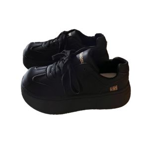 Womens Casual Sport Shoes Fashionable All-Match Black Flat Heel round Toe PU Leather Amagin Shoes Spring Autumn Seasonal Wear