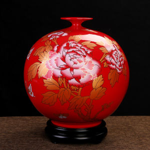 Dehua Rich Red Ceramic Decorative Flower Vase Chinese Red Sky round Pure Red Bottle Peony Vase Home