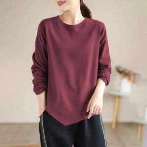 Spring & Fall Plus Size Artsy Casual Bottoming Shirt Versatile Loose Top Women Pure Cotton round Neck Irregular Long Sleeve T-Shirt Women