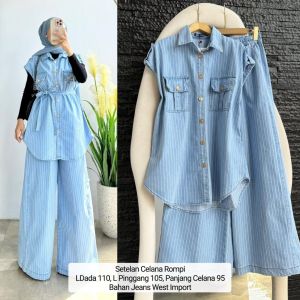 Setelan vest dan celana wanita tali pinggang jeans west import