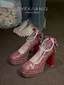 French Red Wedding Shoes Womens Show Hal Wedd Ing Dress Shiny Sequin Two-Way Mary Jane High Heels Fashionable Fairy Tale Style