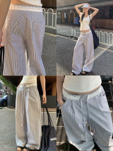 Autumn Casual Wide Leg Pants Lace Design Stripe