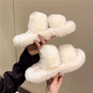 Elevated Heel Fur Slippers Womens Outdoor Spring Fashion Plush Office Indoor Home Cotton Slippers Thick Bottom Platform Sandals