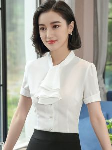 White Short Sleeve Summer Shirt for Women Chiffon Professional Business Workwear Student Interview Clothing Korean Style Stand Collar