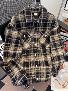 แจ็คเก็ตขนสัตว์ลายสก็อตสไตล์อเมริกันย้อนยุคสำหรับผู้ชาย ฤดูใบไม้ร่วง/ฤดูหนาว ทรงหลวม แจ็คเก็ตทำงานสีบล็อก แจ็คเก็ตสูทสีบล็อก