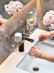【Ready Stock】Suction cup washbasin storage rack faucet wall mounted no drilling bathroom mirror sink storage