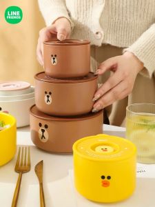 Line Friends Ceramic Fresh-keeping Bowl 3pcs Set Office Worker Students Bento Lunch Box With Lid Sealed Outdoors Camping Tableware Microwave Oven Available New Year Gift Friends Gift