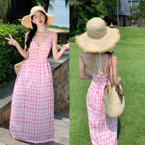 ชุดเดรสยาวลายดอกไม้สีชมพูสำหรับผู้หญิงในช่วงฤดูร้อนปี 2024 สไตล์วันหยุด แขนกุด กระโปรงทรงเอ เดรสยาวคลุมเข่า