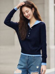 Vimly | Double Layer Color Blocking Fake Two-piece Knit Sweater