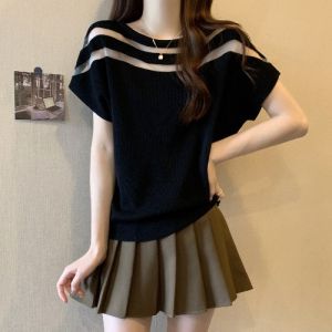 Elegant Hollow out Short Sleeve Ice Silk T-Shirt Womens plus Size Summer Slimming Top Korean Style Creative Pattern round Neck