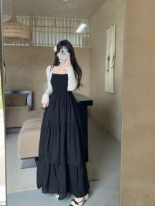 plus Size French Vintage Strap Dress Womens Autumn Hepburn Style Elegant Little Black Dress Fat MM Belly Cover Slimming Skirt