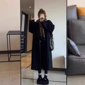 Elegant Black Grey Woolen Coat Women Thickened Medium Length Winter New Style Loose Korean Style Woolen Outerwear