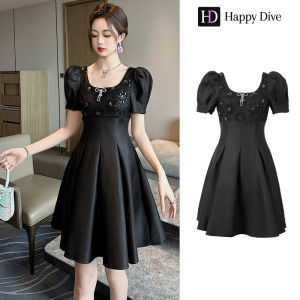 Happy Diva เดรสผู้หญิง เดรสสีดำ เดรสซาติน เดรสทรงเอ เดรสทำงาน เดรสไฮโซ เดรสวินเทจ เดรสออกงาน เดรสปาร์ตี้ ชุดราตรี 70360