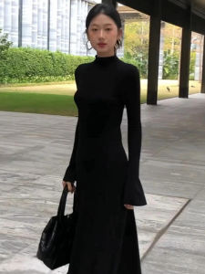 HUAYILING | Black Turtleneck Knit Long Dress Fall