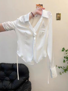 Elegant Striped Long Sleeve White Shirt Womens Design French Waist Cinching Tie Shirt Top Comfortable Breathable Commute Style