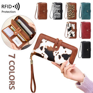 Multi-Functional RFID Blocking Womens Wallet Retro Long Clutch with Zipper Buckle Color-Blocking Print Design Multi-Slot