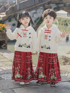 New Chinese Style Hanfu Set Fleece Lined Boys Tang Costume Baby New Year Performance Outfit Girls Ma Face Skirt Ensemble