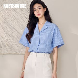 Roey s house | Unique Design Blue and White Striped Short Sleeve OL Style Commuter Suit Collar Shirt