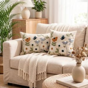Spring Summer Floral Embroidered Decorative Throw Pillow Covers 12x20 Inch Farmhouse Beige Flowers Boho Cushion Case for Bedroom