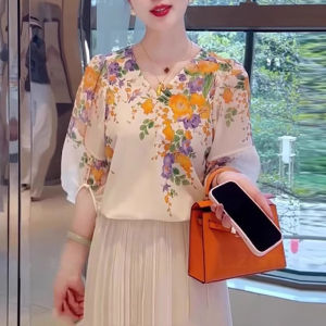 Elegant Ladylike Floral Print Shirt Lantern Sleeve V-Neck Spring 2025 Commute Style Korean Version Polyester Fiber Top